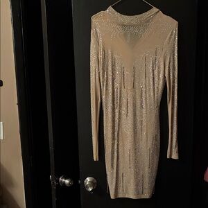 Banjul Nude Long-Sleeve Rhinestone Bodycon Dress